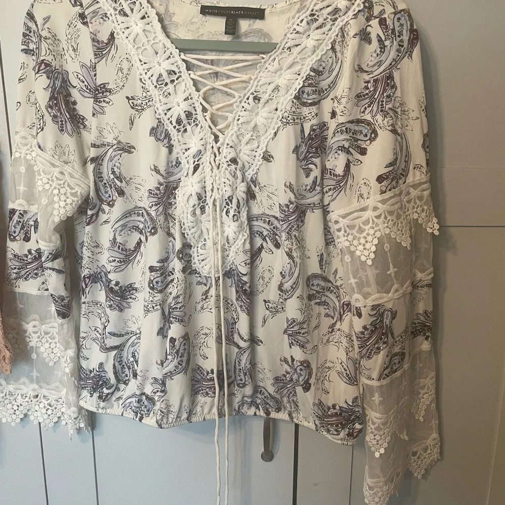 Bundle 2 White House Black Market Pink Lace Cold Shoulder Top & Lacy design. - Picture 4 of 14